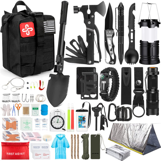 "Ultimate 250Pcs Survival Kit: Gear First Aid, Emergency Tent, Molle Bag - Earthquake, Camping, Hiking, Hunting - Gifts for Men/Women. A-Black"